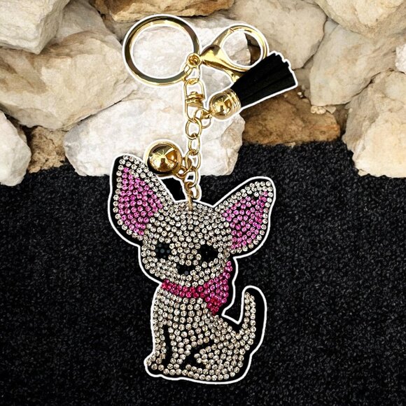 Cute Cartoon Chihuahua Keychain Rhinestone Pet Dog Key Chain SILVER - Picture 1 of 2